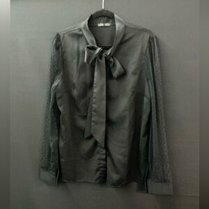 SHEIN Black Blouse with Bow and Sheer Sleeves